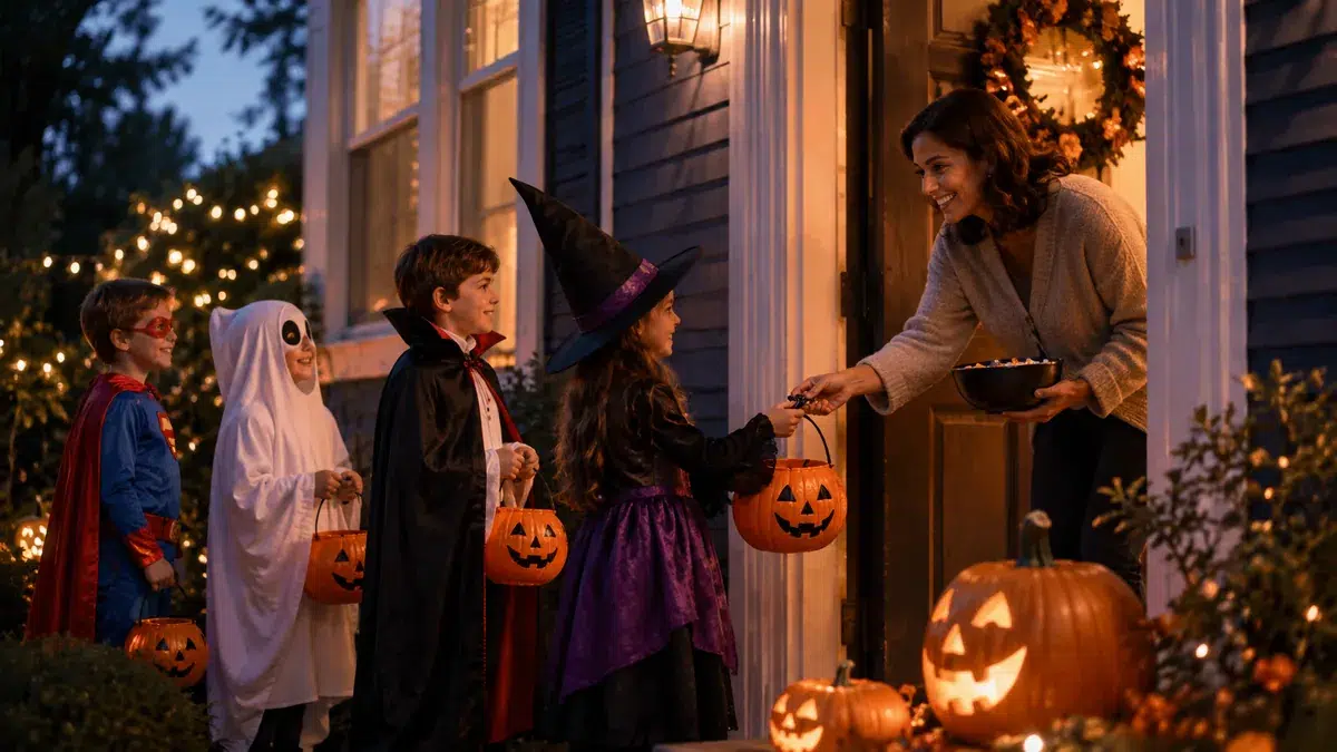 O que significa "trick or treat"? Crianças fantasiadas brincando de trick or treat no Halloween