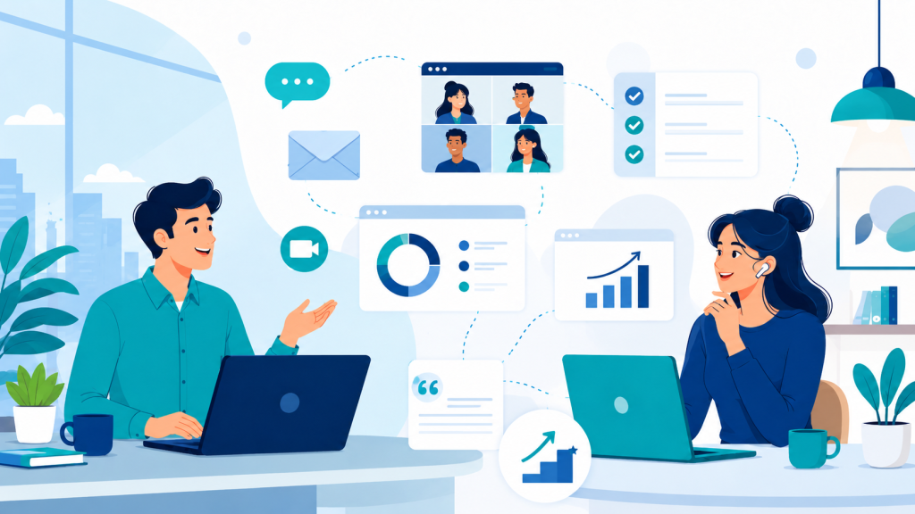 Profissionais usando inglês profissional em reunião online, e-mail e apresentação no ambiente de trabalho